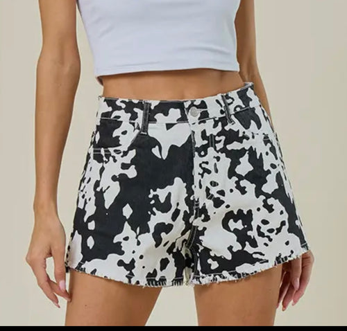 Cow Print Denim Shorts