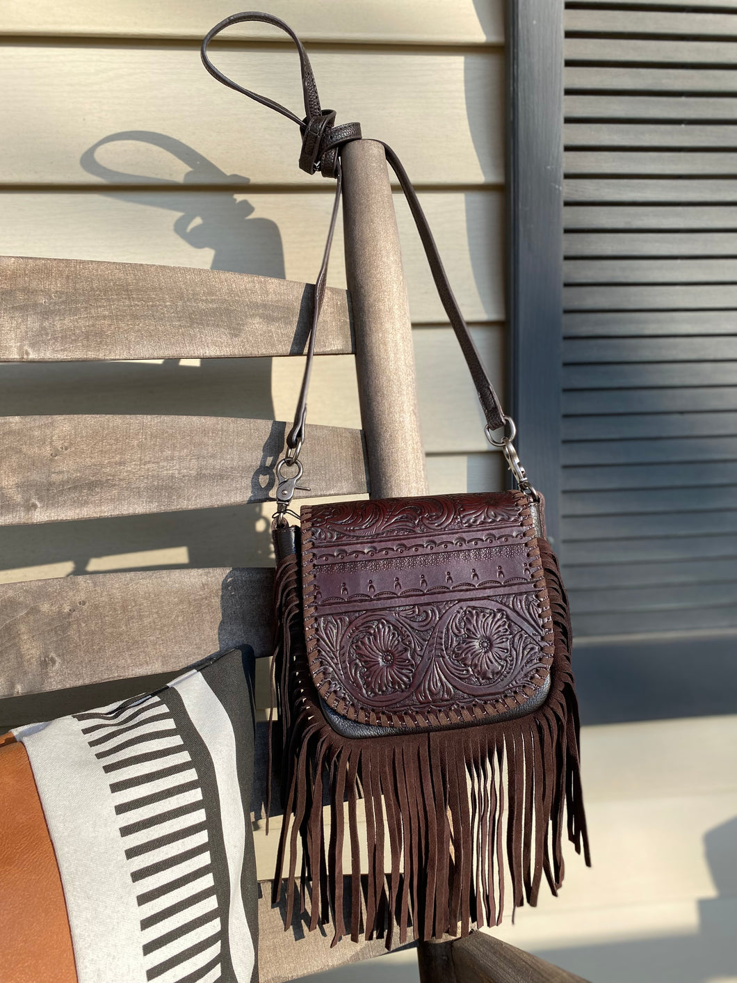 Floral Horizontal Embossed Leather Fringe Crossbody - Chocolate