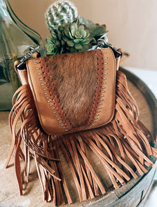 Cowhide Strip Fringe Crossbody - Brown