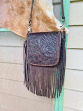 Load image into Gallery viewer, Basketweave Tooled Fringe Crossbody - Coffee