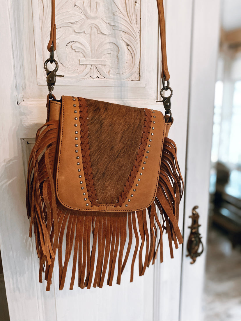 Cowhide Strip Fringe Crossbody - Brown