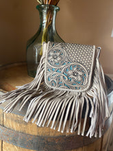 Load image into Gallery viewer, Basketweave Tooled Fringe Crossbody - Tan with Turquoise