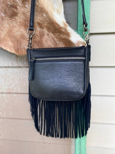 Basketweave Tooled Fringe Crossbody - Black with Ivory