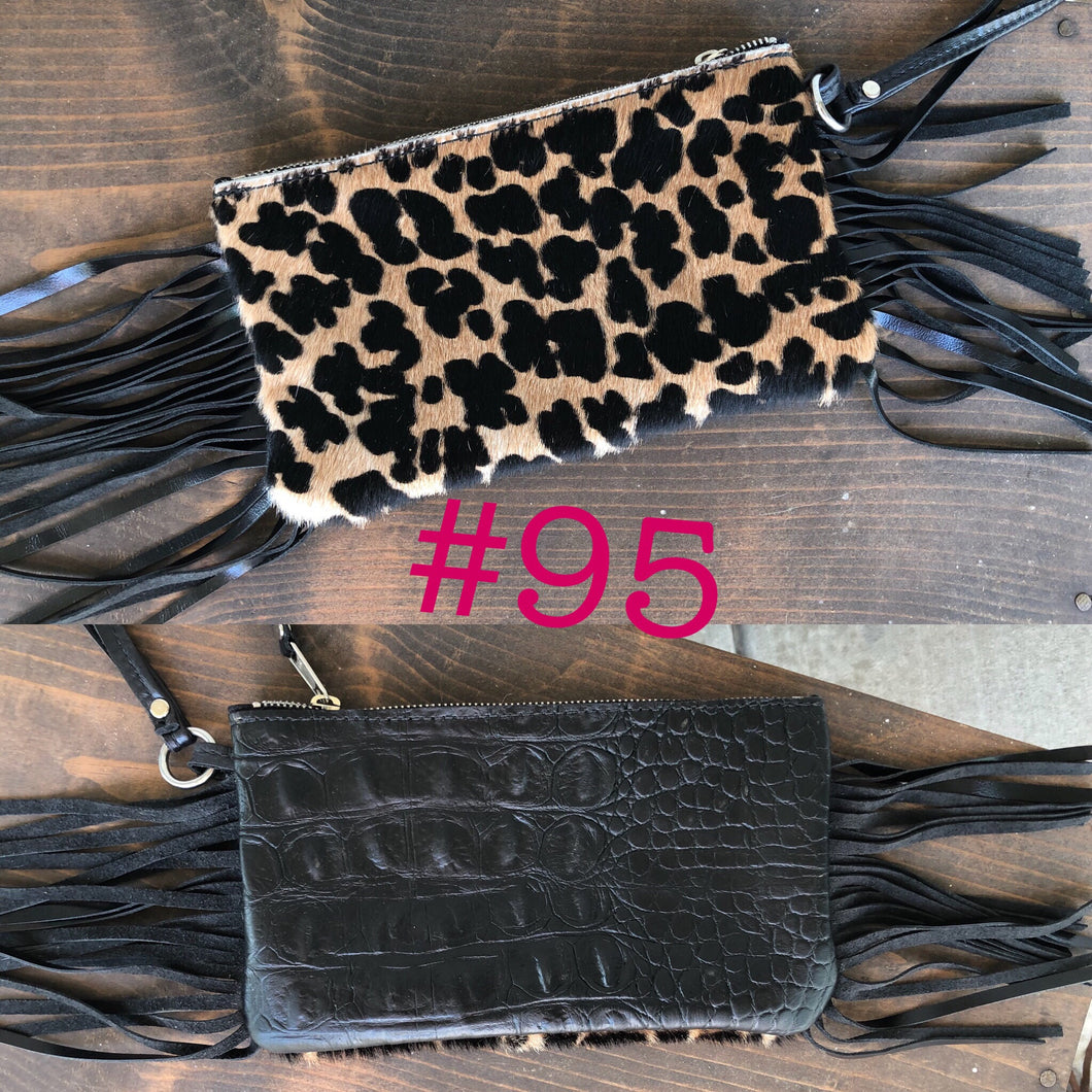 Cowhide & Embossed Leather Fringe Wristlet #95