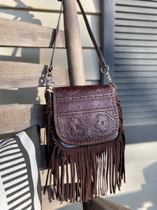 Floral Horizontal Embossed Leather Fringe Crossbody - Chocolate