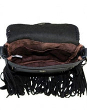 Load image into Gallery viewer, Basketweave Tooled Fringe Crossbody - Black with Ivory