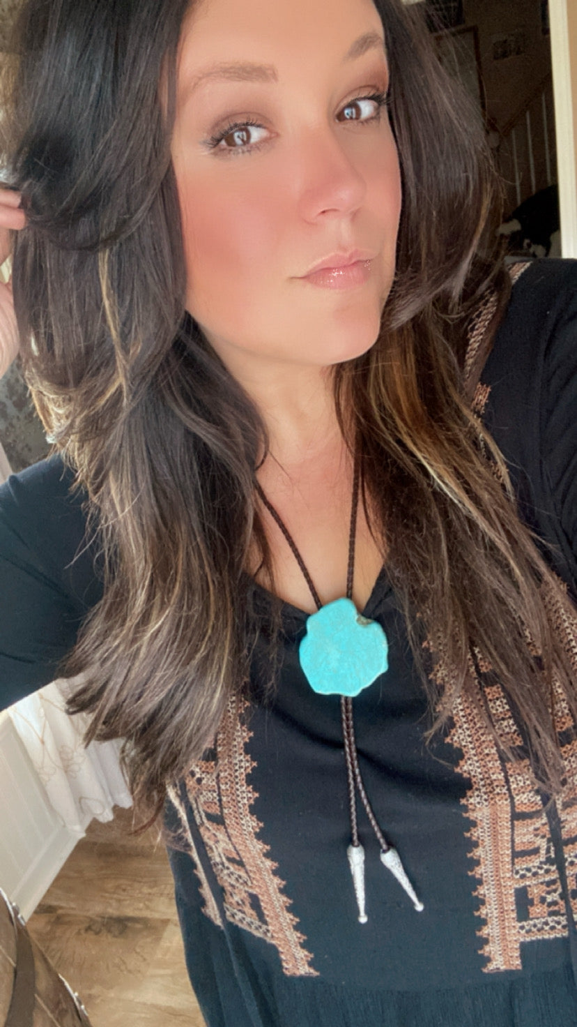 Turquoise Slab Brown Bolo Necklace