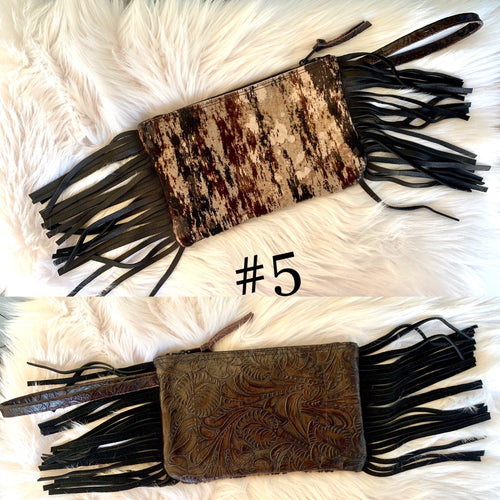 Cowhide & Embossed Leather Fringe Wristlet #5