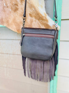 Basketweave Tooled Fringe Crossbody - Coffee