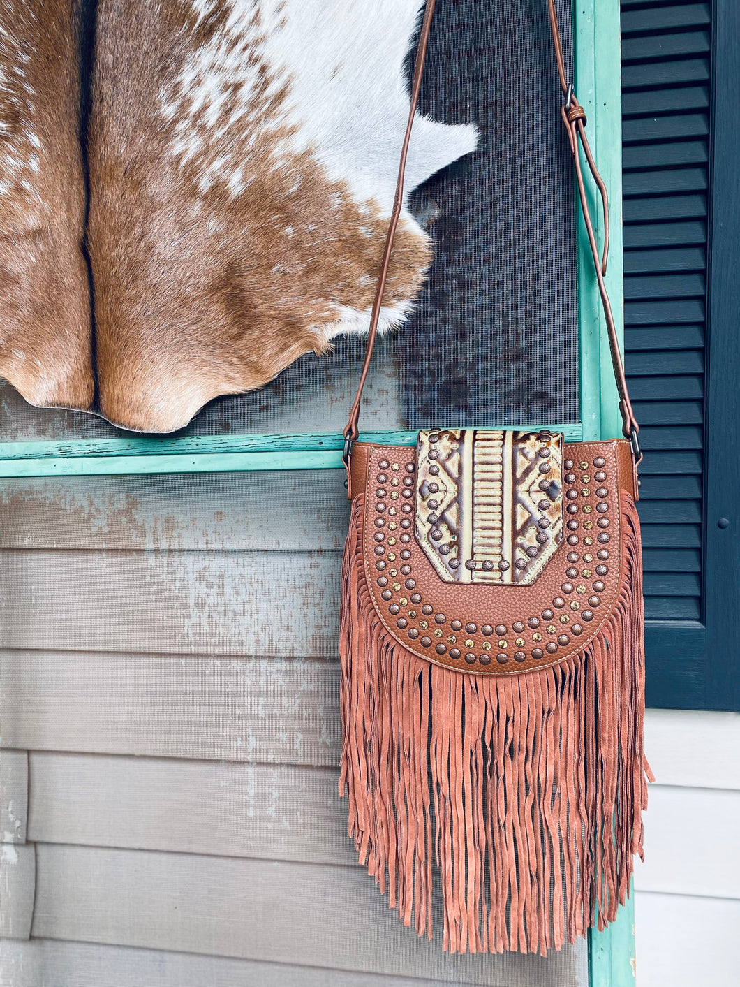 Aztec Flap Leather Fringe Crossbody