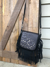 Load image into Gallery viewer, Basketweave Tooled Fringe Crossbody - Black with Ivory